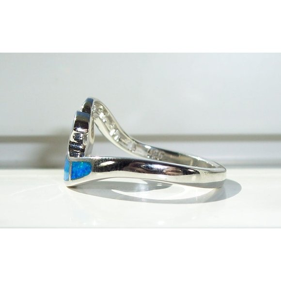 925 STERLING SILVER Lab Created Blue Fire Opal Greek Key & Wave Ring - Picture 7 of 16